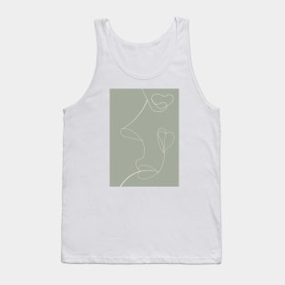 Continuous Line Art Face Drawing, Floral Shapes, Sage Green Tank Top